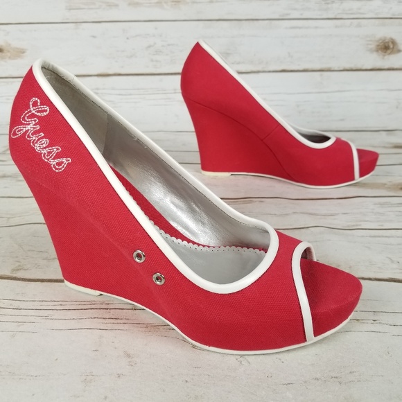 Guess Shoes - Guess Donte White Red Canvas Peep Toe Wedge Size 7